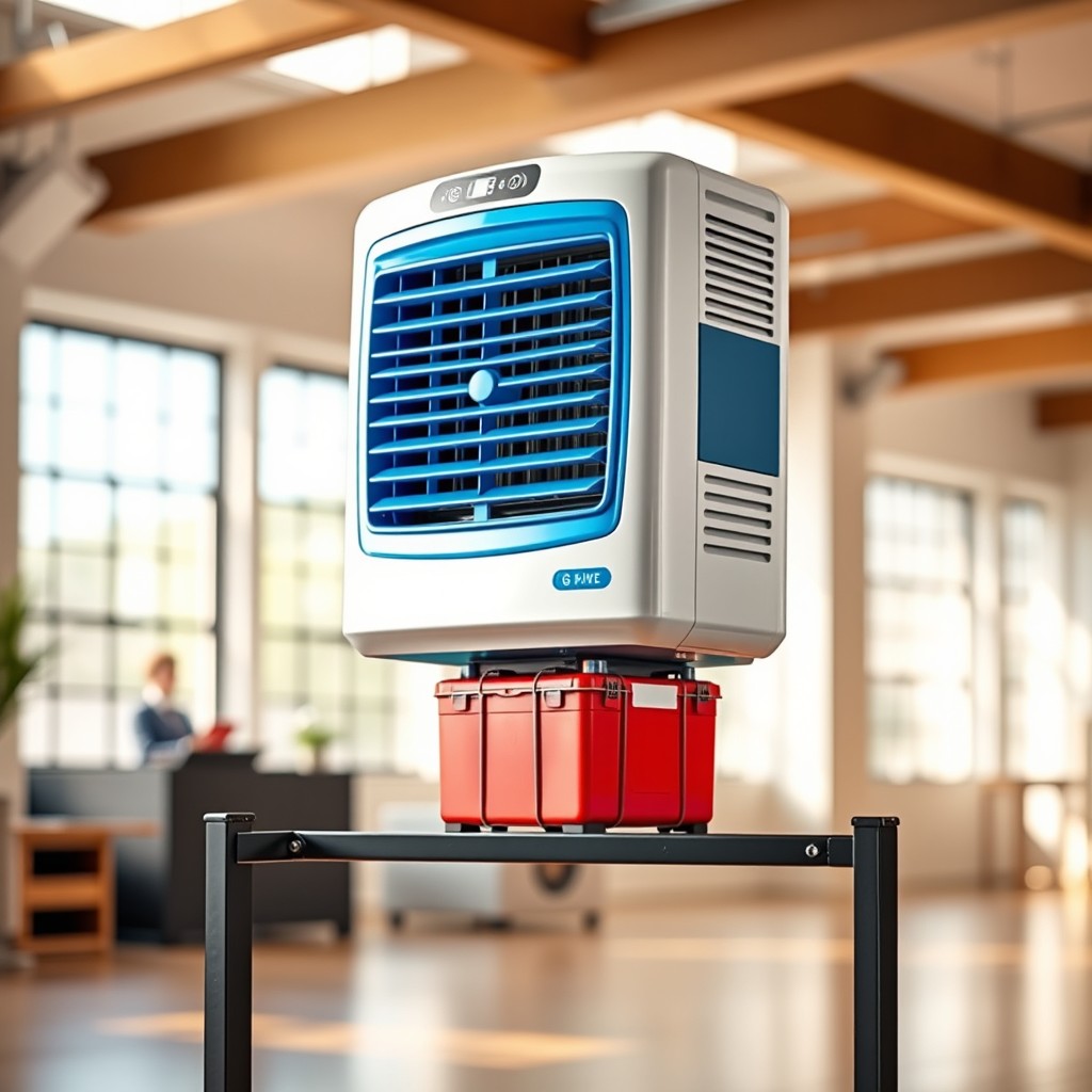 A single evaporative cooler stylishly mounted on a sturdy angle bar stand