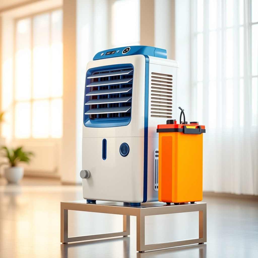 An evaporative cooler and a single battery displayed side by side on a sleek, modern stand