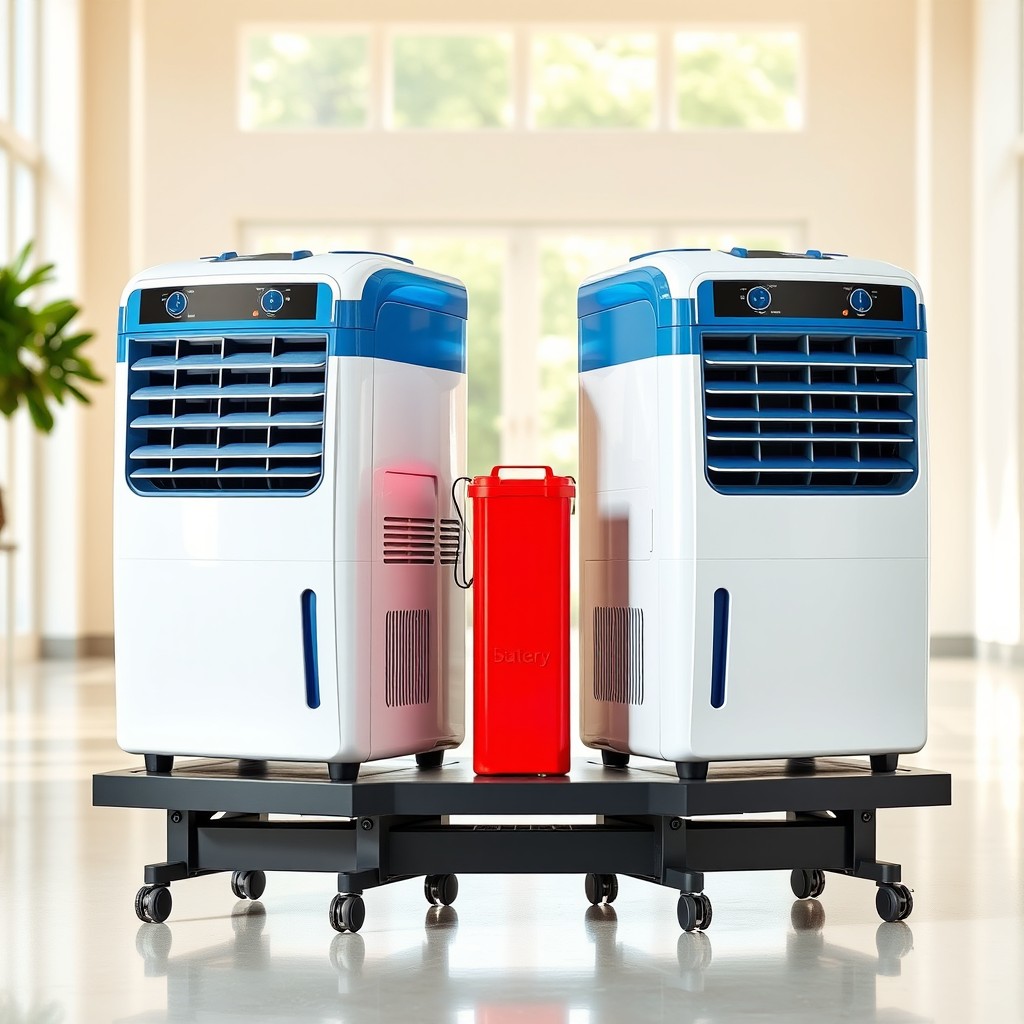 Two modern evaporative coolers displayed side by side on a single, sturdy stand