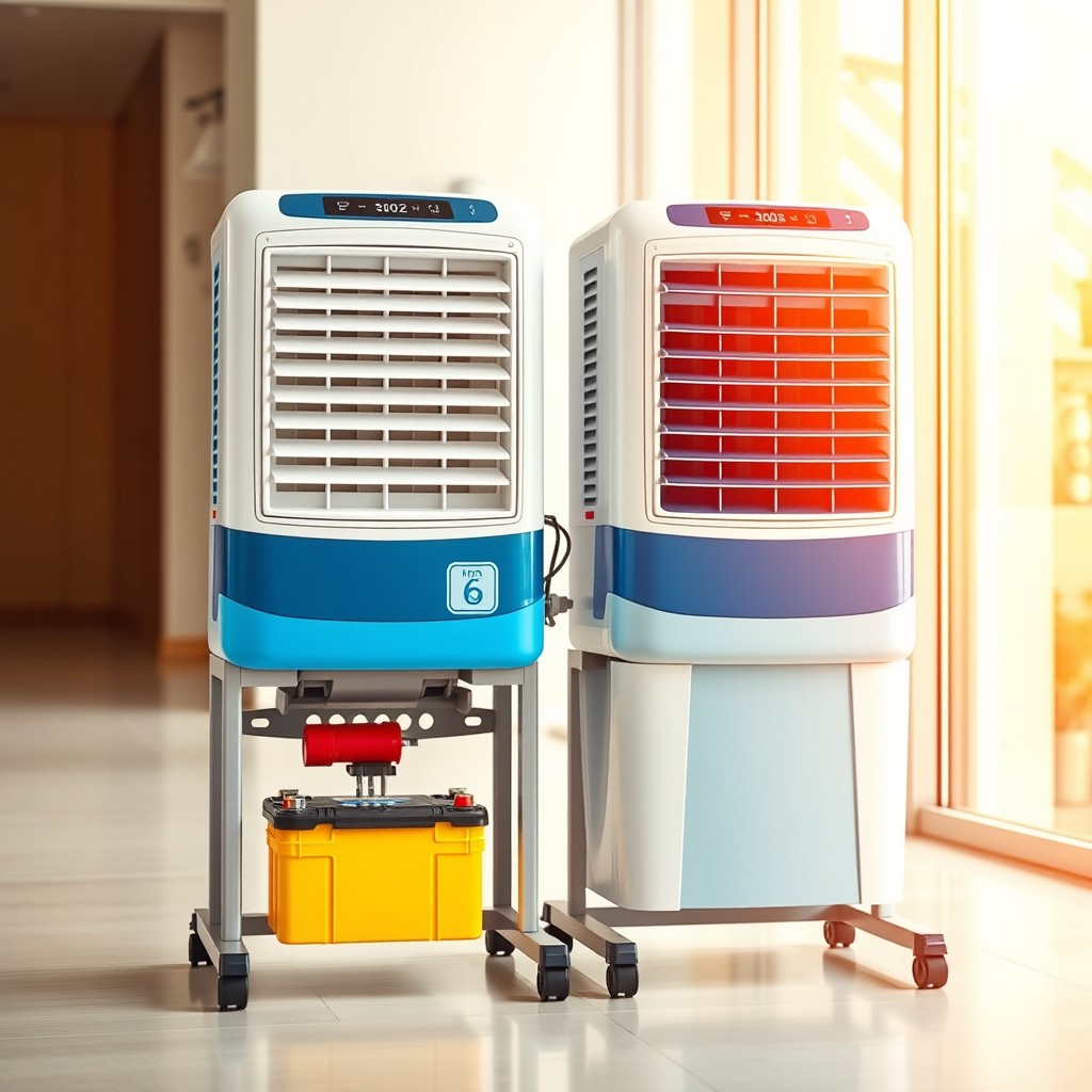 Two modern evaporative coolers positioned side by side on a single, sturdy stand