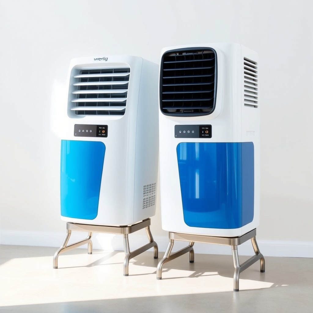 Two modern evaporative coolers displayed side by side on a sturdy, elegant stand with a crisp white background