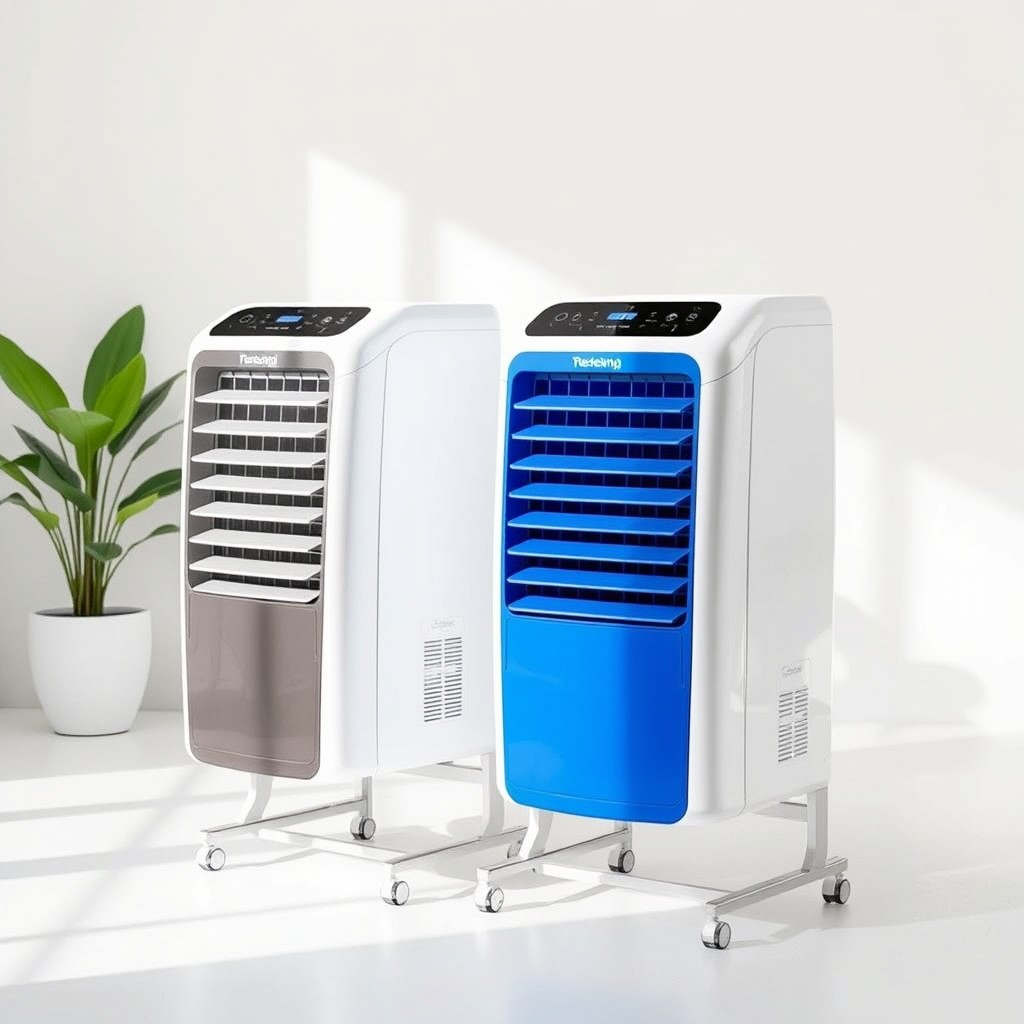 Two modern evaporative coolers seamlessly integrated into a single sturdy stand, both prominently displayed against a clean white background