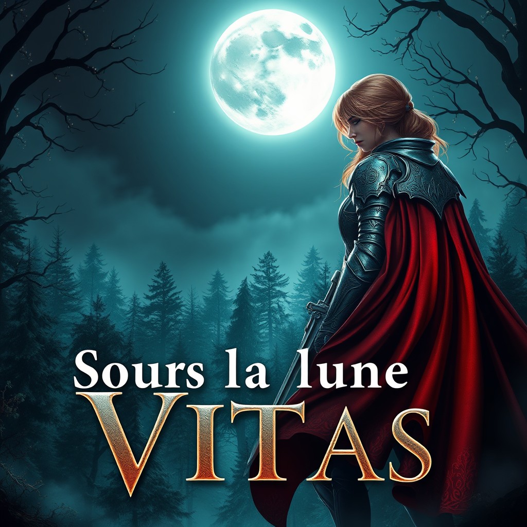An enchanting fantasy scene featuring a valiant knight and a graceful knightess under a luminous full moon