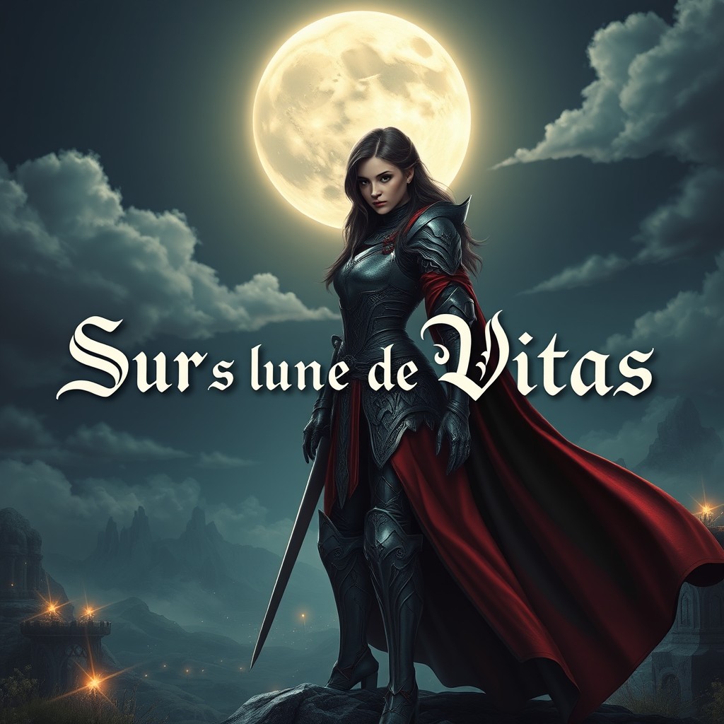 A beautifully detailed fantasy scene featuring a heroic knightess standing under a glowing moon, titled 'Sous la lune de Vitas'