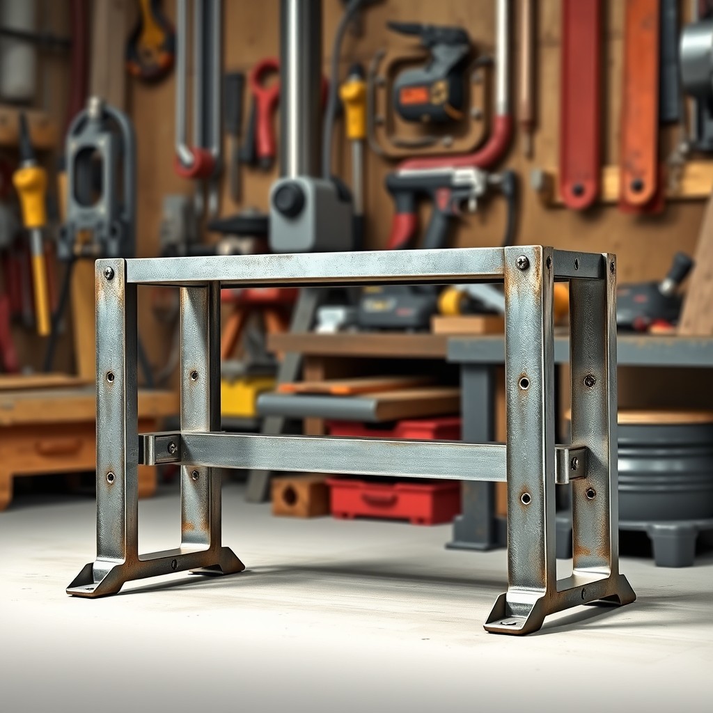 A detailed illustration of a simple stand made of angle bar steel, featuring a design that is twice its original length
