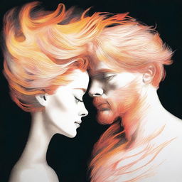 Craft a blurred drawing of a man, absorbed in his observation of a side-profile woman, her hair artistically manifests as scintillating flames.