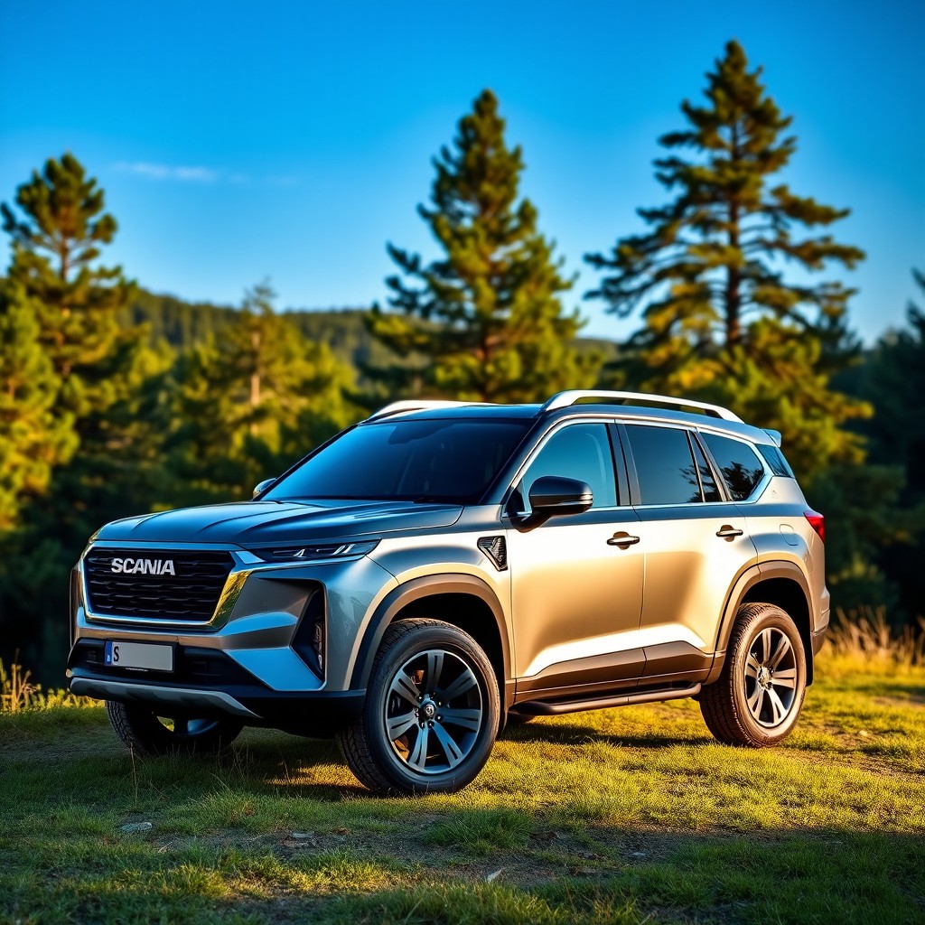A sleek and modern Scania SUV placed in a picturesque outdoor setting