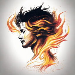 Craft a blurred drawing of a man, absorbed in his observation of a side-profile woman, her hair artistically manifests as scintillating flames.