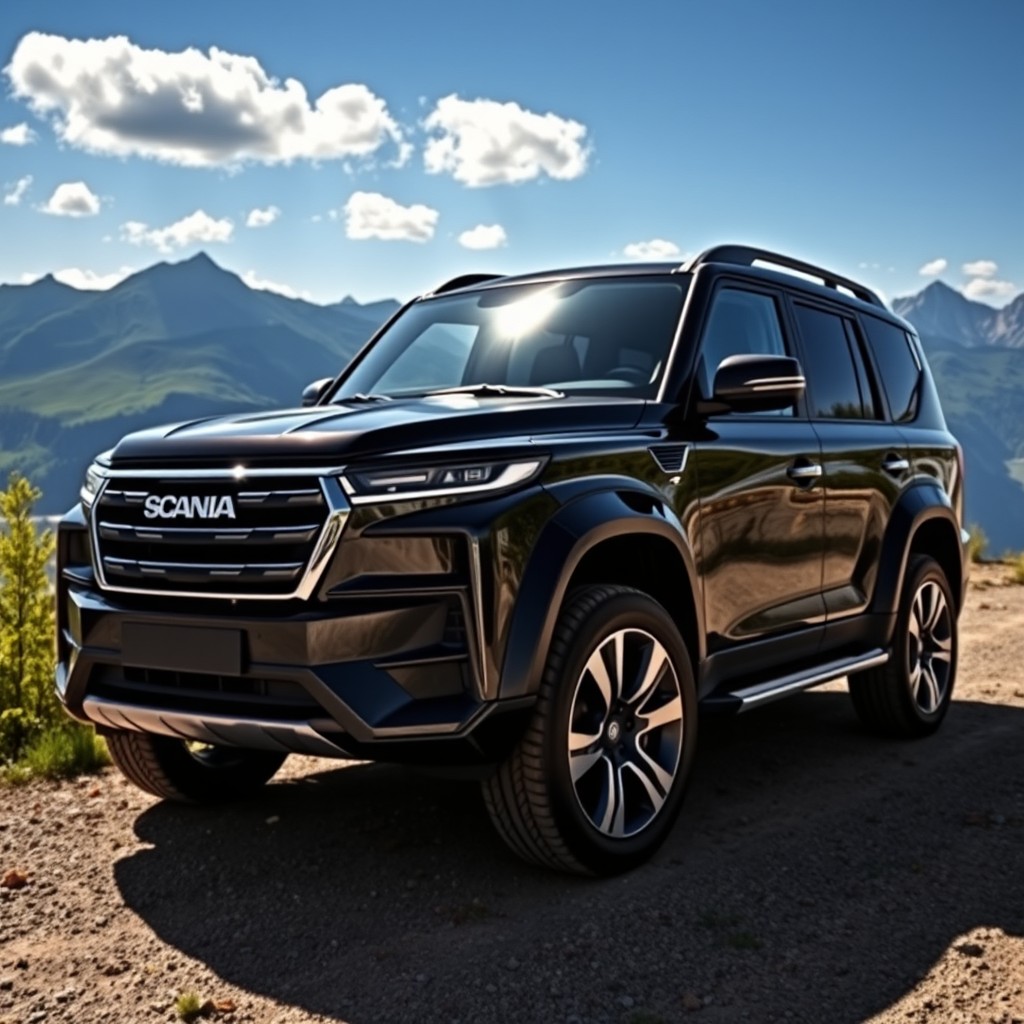 A powerful and sleek Scania SUV parked on a scenic mountain overlook, showcasing its dynamic and modern design with sharp lines and a glossy finish