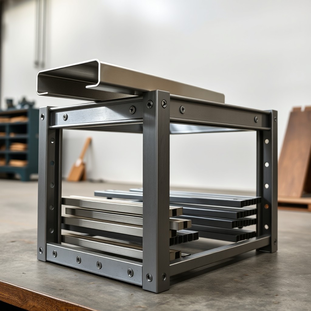 A sturdy industrial-style metal stand resembling an angle bar structure, with flat bars attached underneath it, creating a robust and functional design