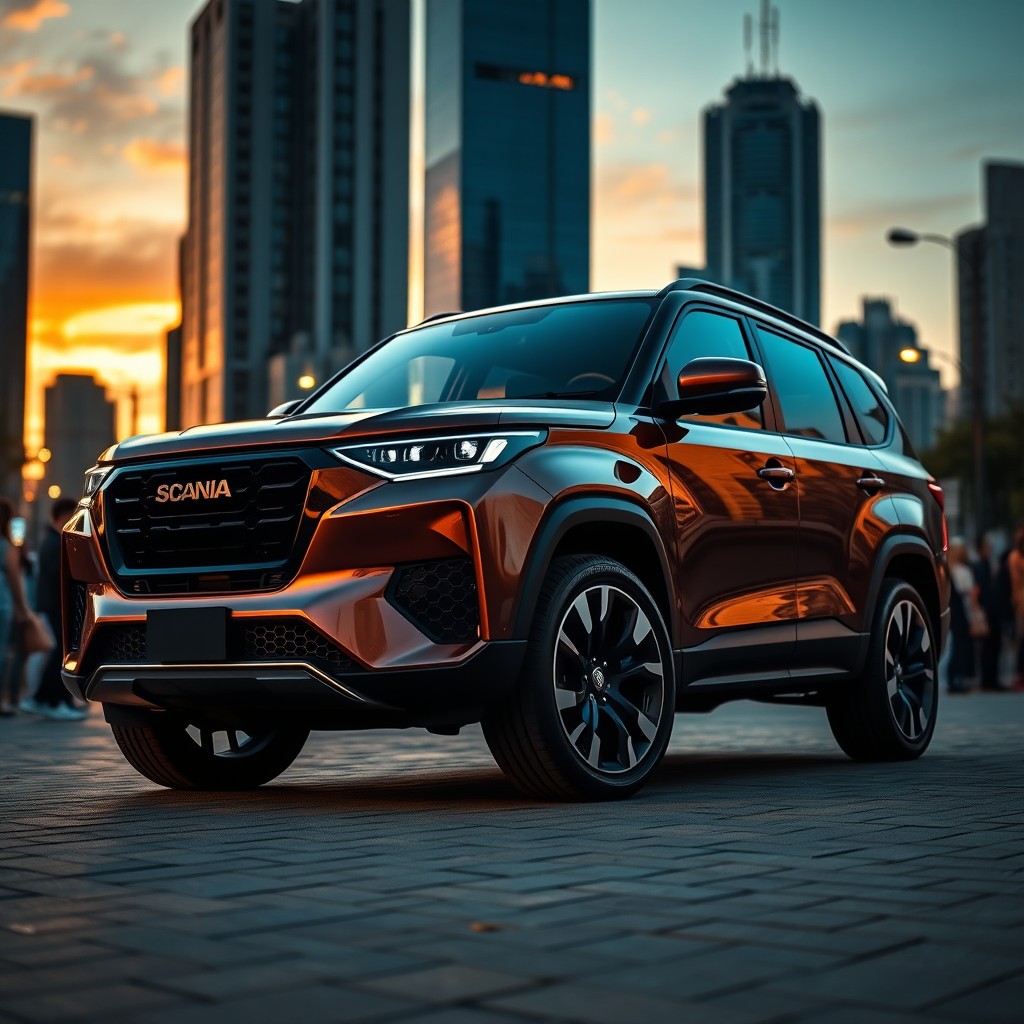 A striking Scania SUV positioned in an urban setting at sunset, emphasizing its bold and aggressive design with smooth curves and modern features