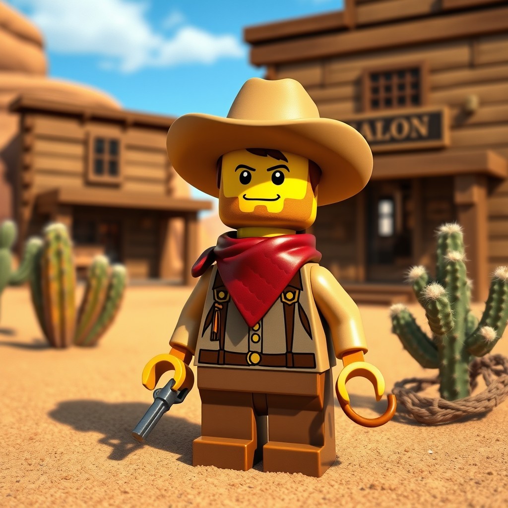 An imaginative scene depicting a LEGO cowboy character in a classic Western setting, styled like an illustration from the old days