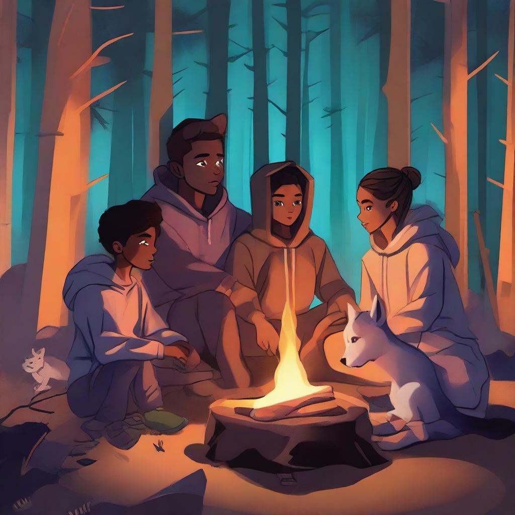 A high-quality digital art featuring a diverse group of individuals in a serene nighttime setting