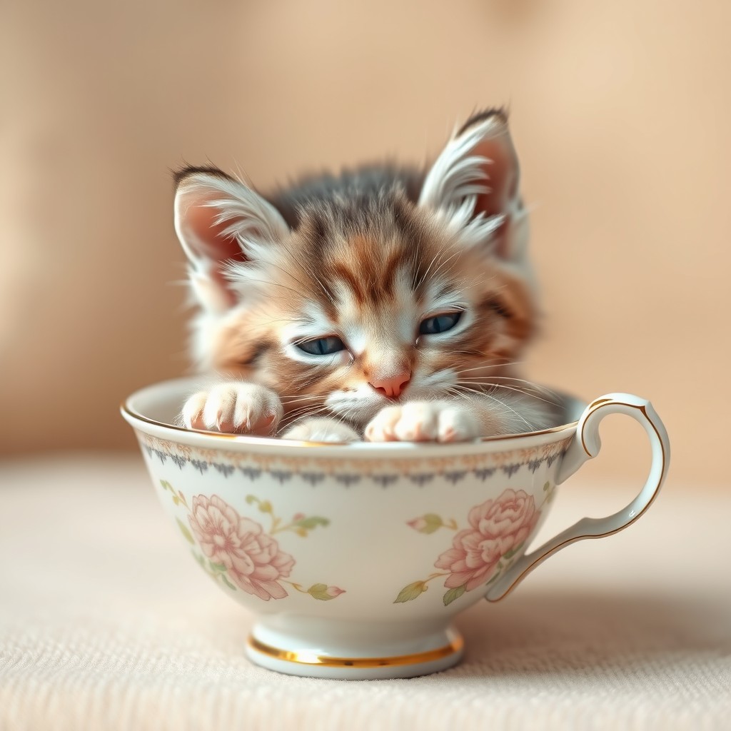 A highly detailed and charming image of a cute kitten resting snugly in a delicate teacup