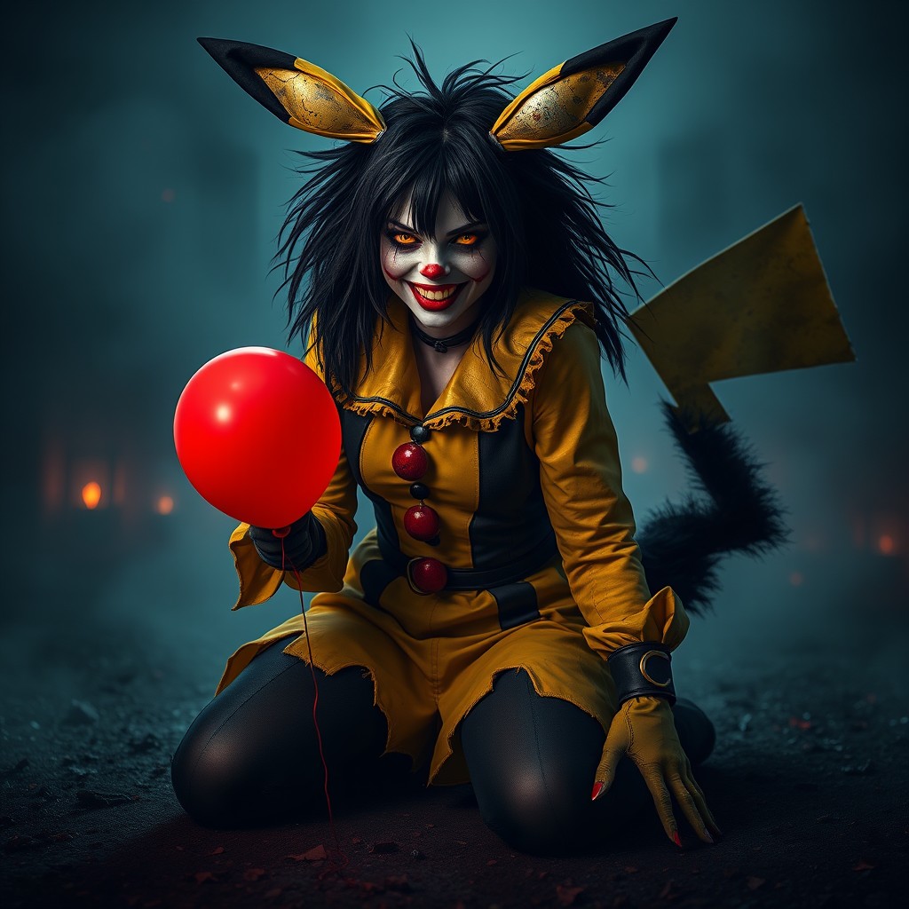 A full body digital artwork of a terrifying woman inspired by Pikachu and IT the Clown, kneeling on the ground