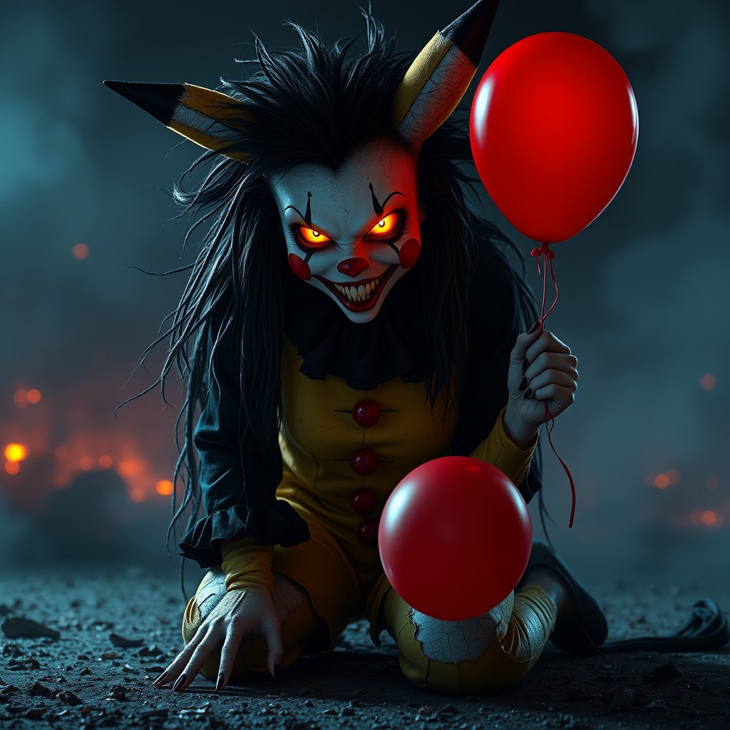A digital art piece featuring a full-body view of a terrifying woman inspired by Pikachu and IT the Clown, kneeling on the ground