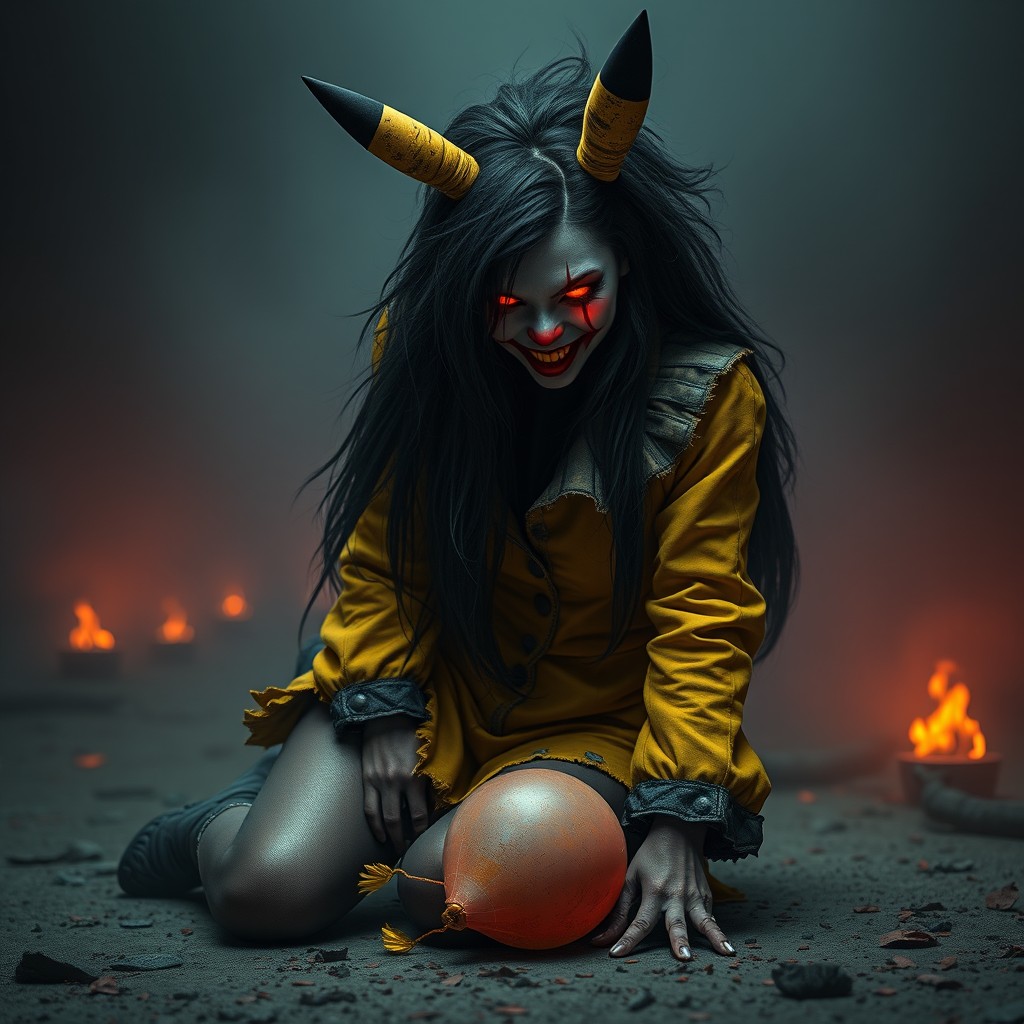 A full body digital art piece of a terrifying woman inspired by Pikachu and IT the Clown
