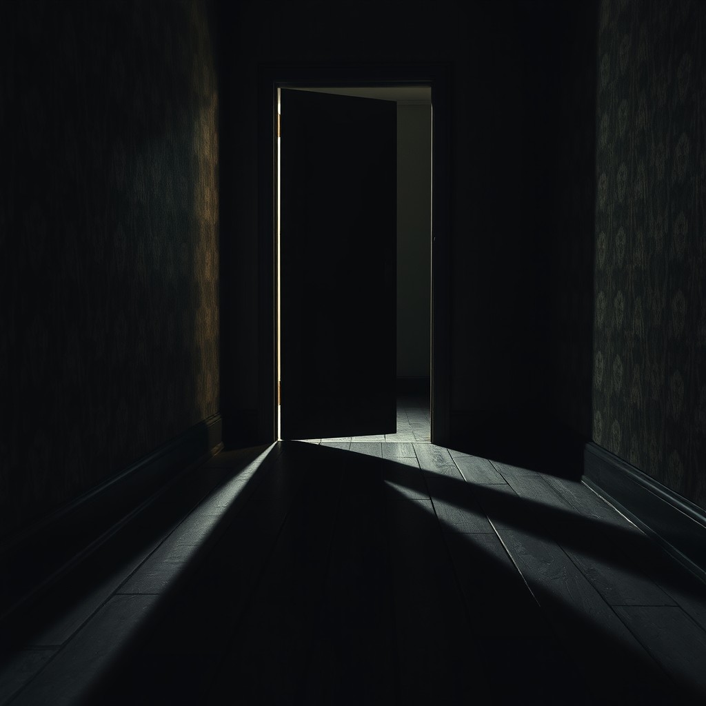 A dark, atmospheric half-open door set in an eerie hallway, the door slightly ajar revealing a glimpse of shadowy interior beyond