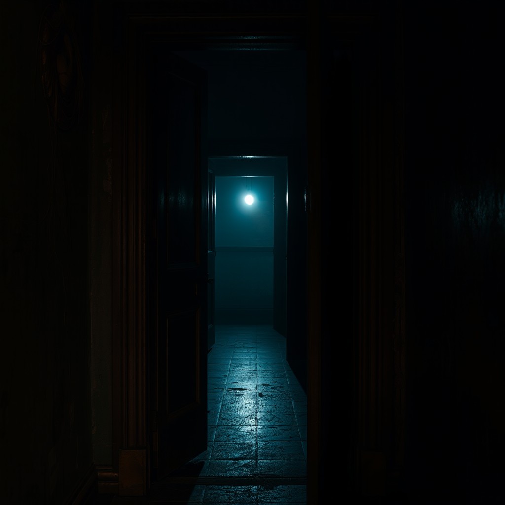 A dark half-open door, slightly ajar, suggesting mystery and intrigue