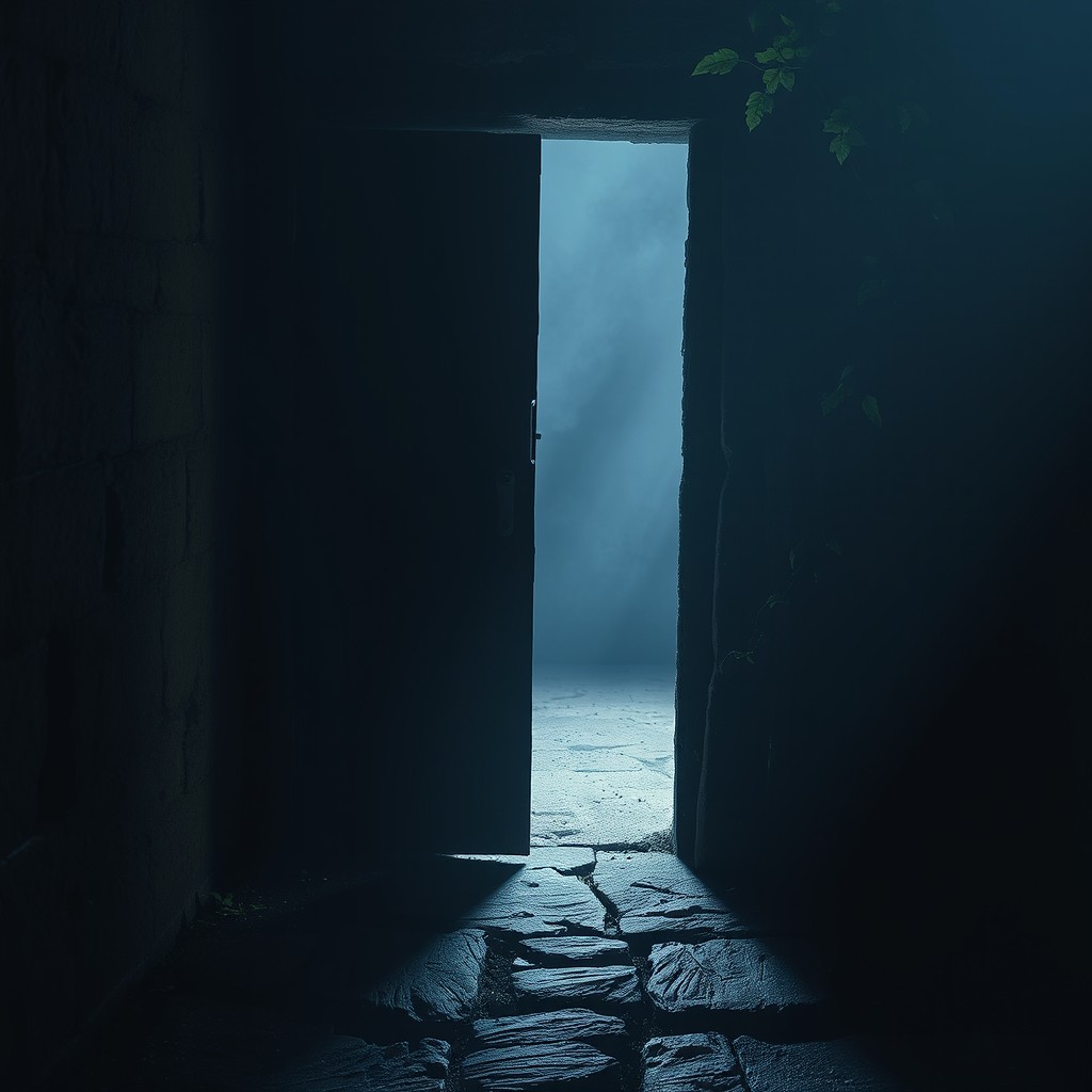 A mysterious and ominous scene featuring a dark half-open door in an ancient stone wall, the dim light from within casting a faint glow onto the floor, shadows creeping along the edges