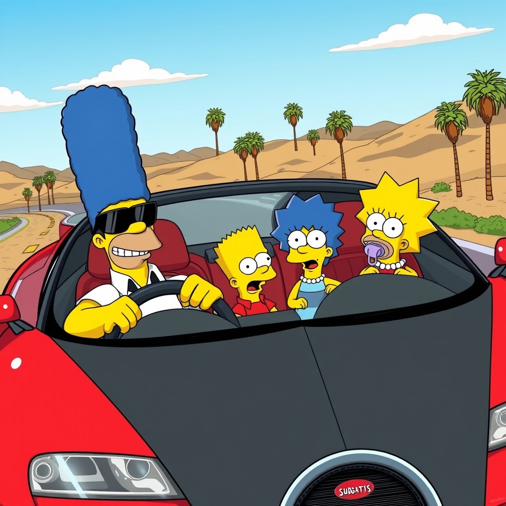 The Simpsons family inside a sleek Bugatti, with Homer in the driver's seat, wearing sunglasses and a big grin, Marge sitting next to him with her signature tall blue hair, Bart hanging out of the window playfully, Lisa in the back seat with a thoughtful expression, and Maggie cute with her pacifier