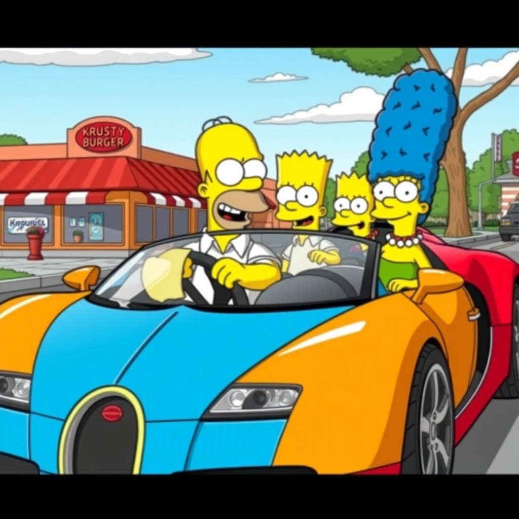 The Simpsons characters, Homer, Marge, Bart, Lisa, and Maggie, all packed into a stylish Bugatti sports car, with Homer behind the wheel sporting his usual goofy grin