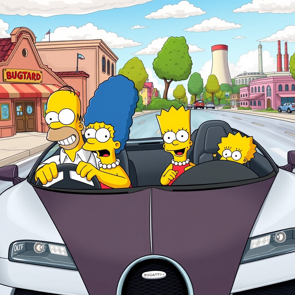 The Simpsons characters, Homer, Marge, Bart, Lisa, and Maggie, enjoying a fun ride in a luxurious Bugatti sports car