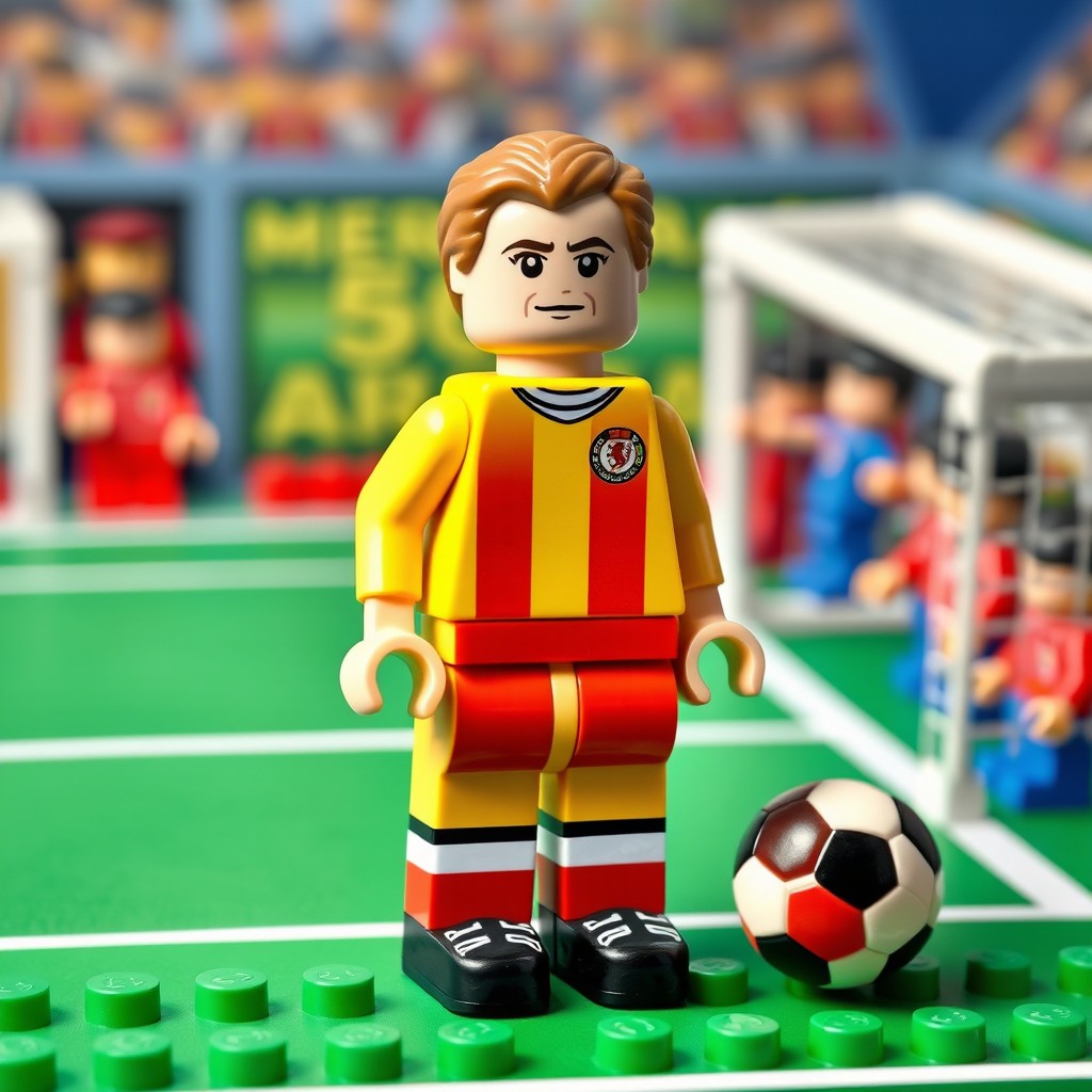 A detailed and vibrant Lego figure representation of Fritz Walter, the legendary German football player