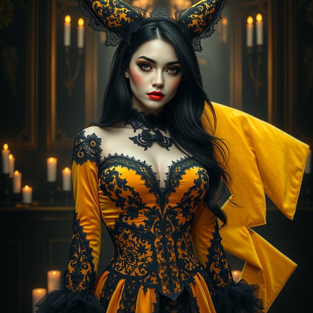 A gothic digital art piece depicting a full body of a mysterious woman wearing an elaborate outfit inspired by Pikachu, featuring a stunning combination of black lace and rich yellow velvet