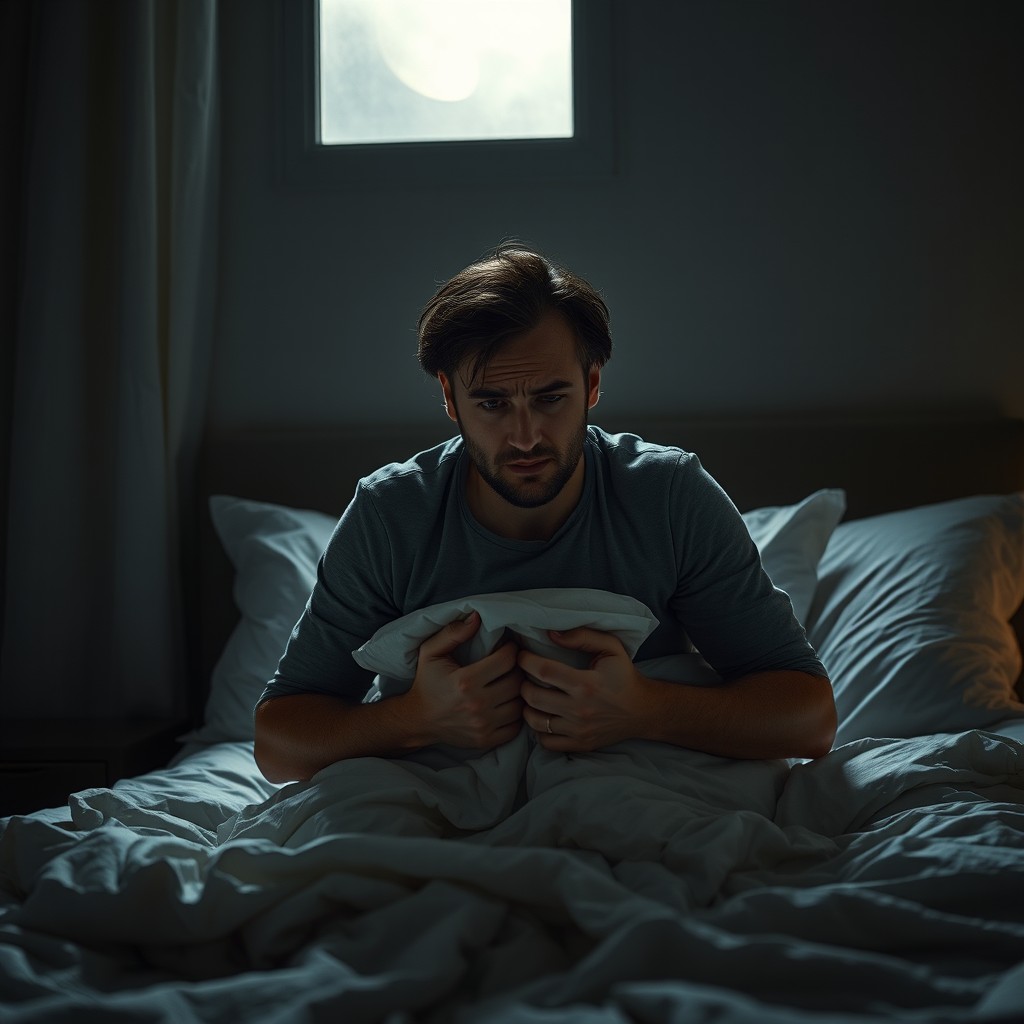 A man in his mid-thirties, with disheveled hair and a worried expression, sits up in his bed at night