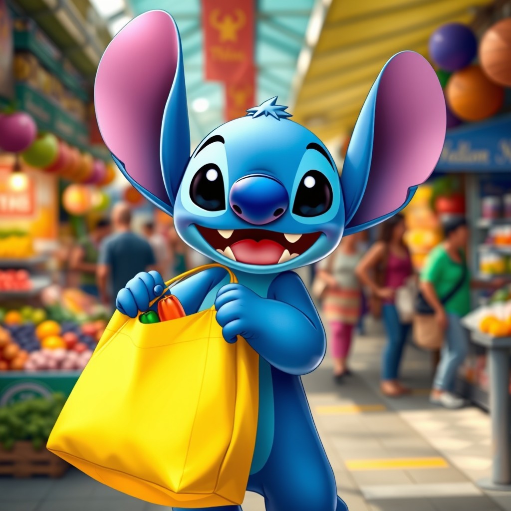 A charming blue alien character with large ears, resembling Stitch, joyfully holding a shopping bag