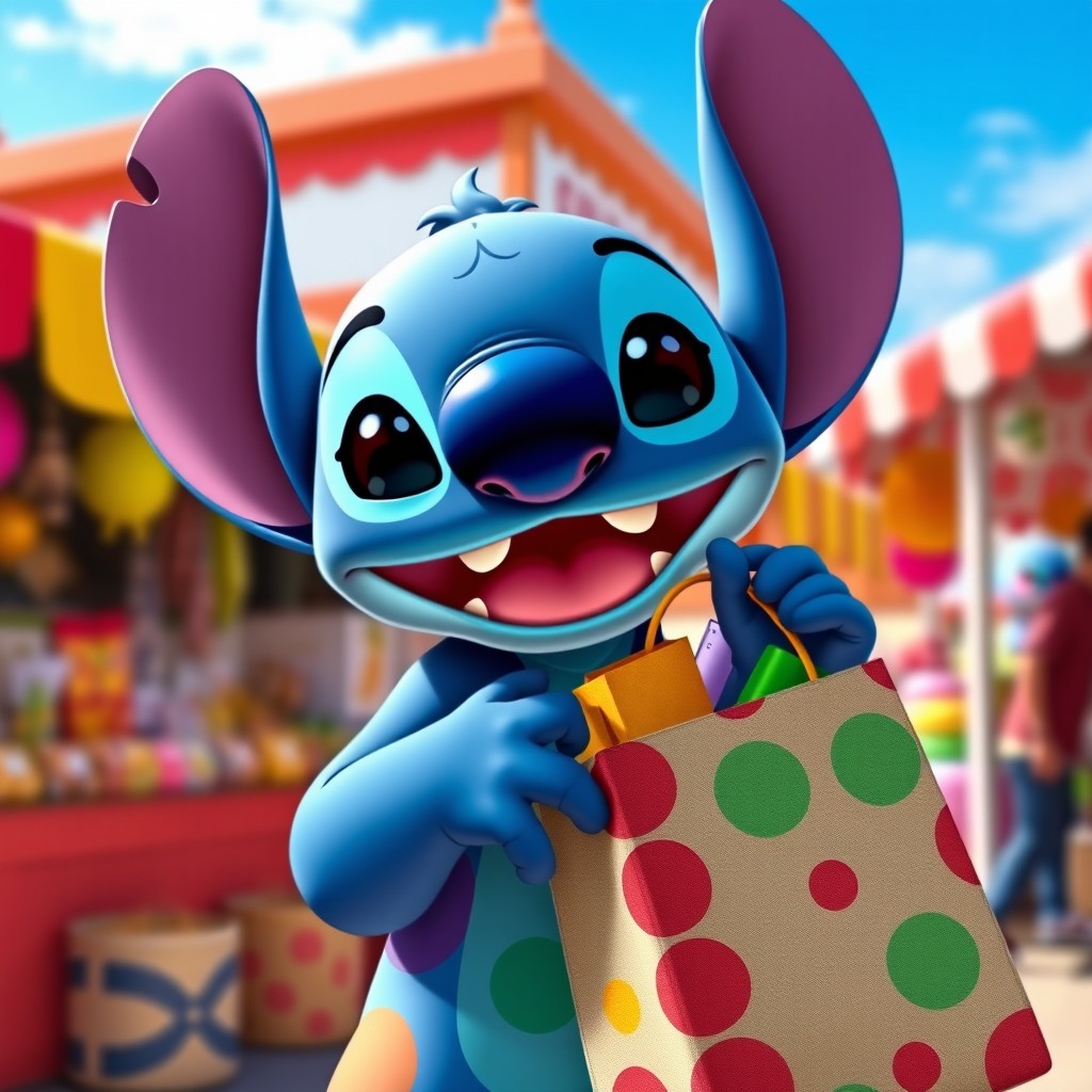 Stitch from Disney, the cute blue alien character, joyfully holding a shopping bag filled with colorful items