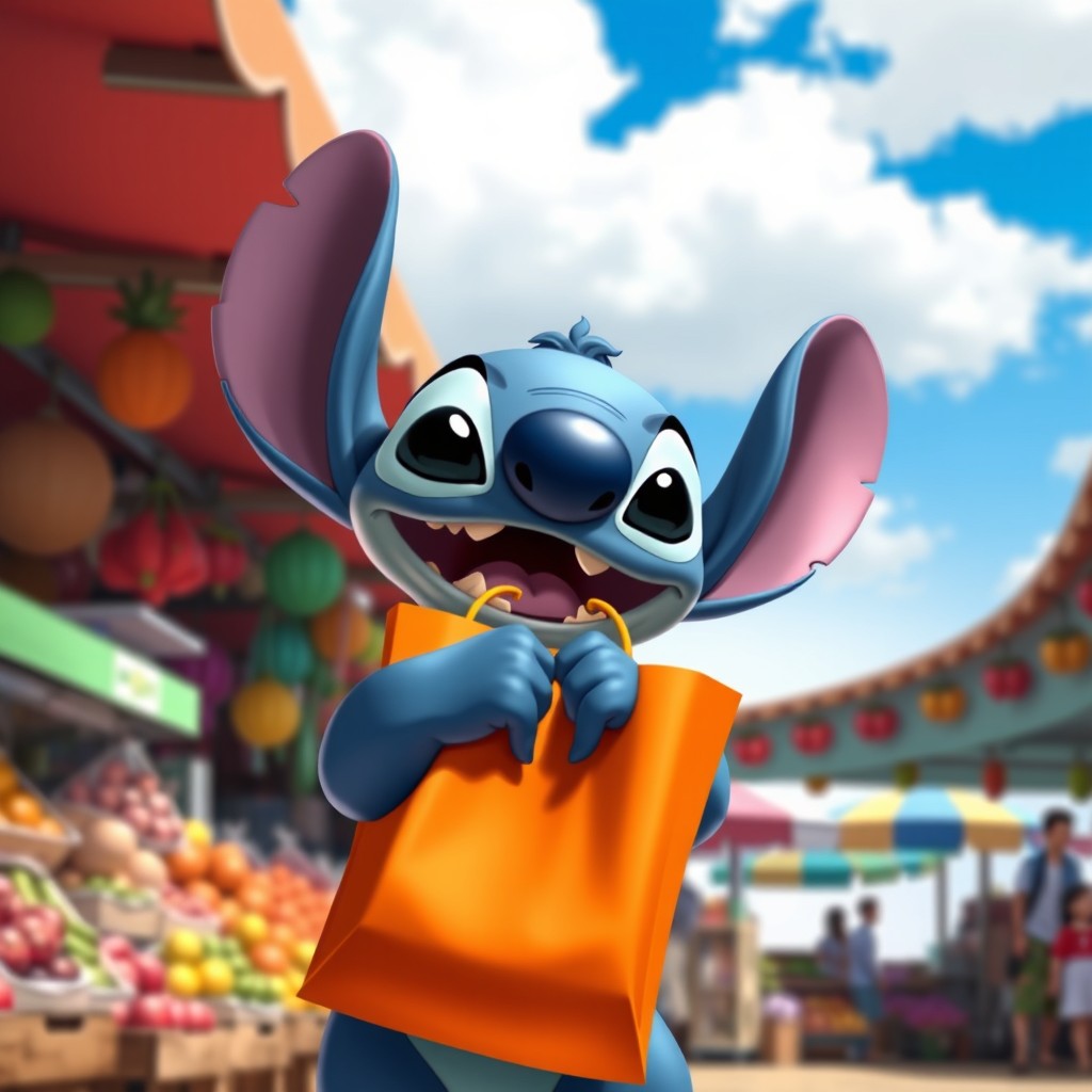 Stitch, the adorable blue alien character from Disney's Lilo & Stitch, playfully holding a bright, colorful shopping bag in his hands