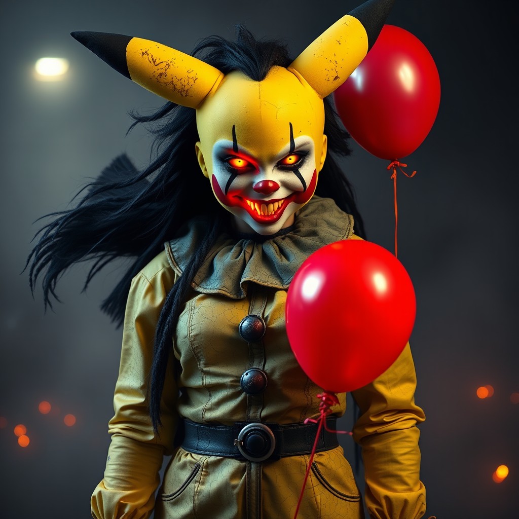 A full body portrait of a terrifying woman inspired by Pikachu and IT the Clown, standing tall