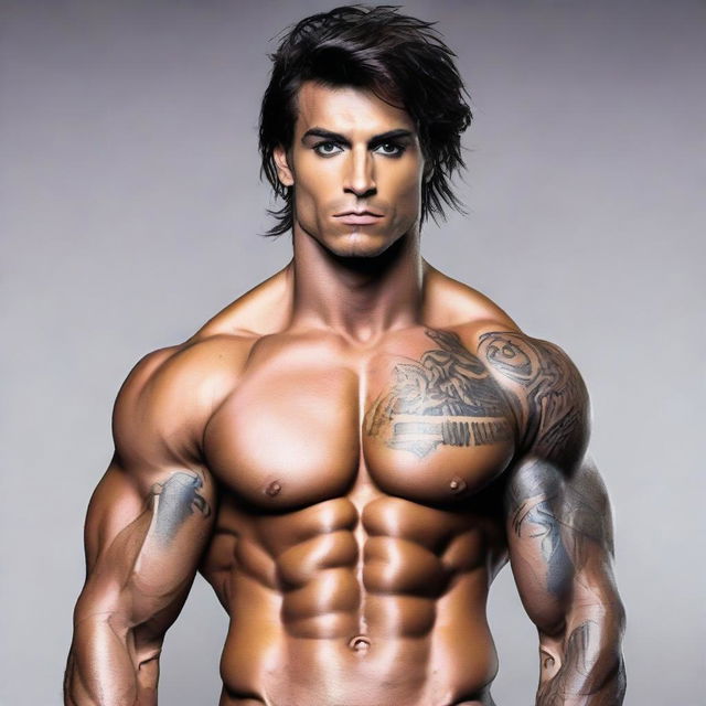 Zyzz, a well-sculpted fitness model, ascending into an extremely muscular and powerful 'chad' form amidst a radiant glow.