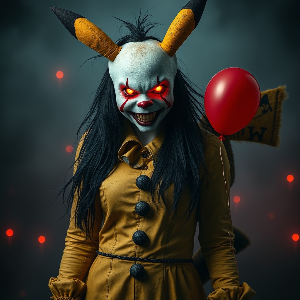 A full body portrait of a terrifying woman inspired by Pikachu and IT the Clown, standing tall and imposing
