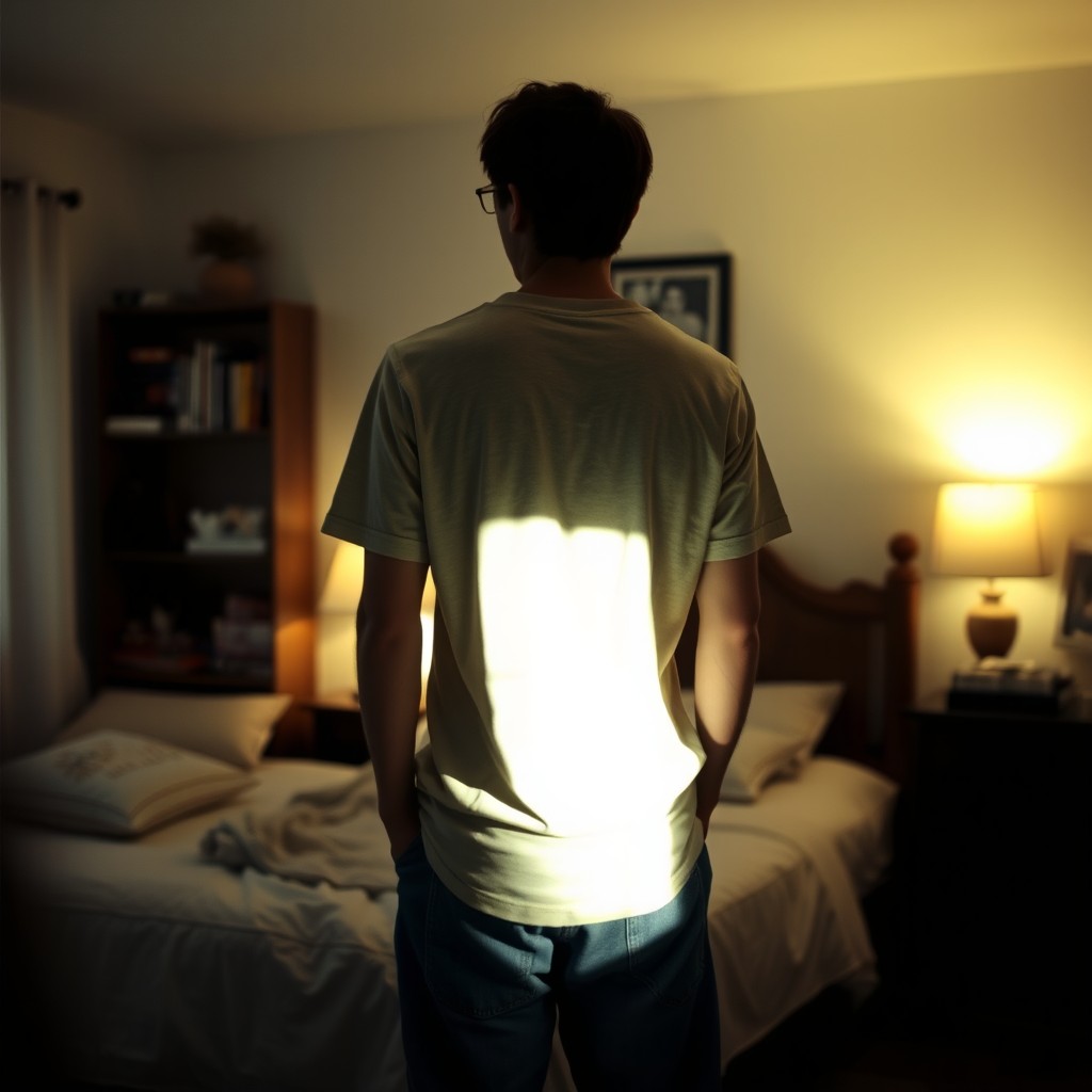 A person standing with their back turned in a softly lit bedroom