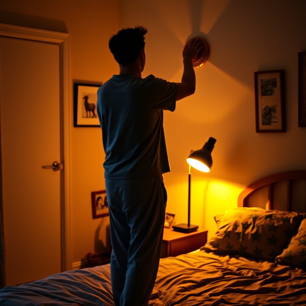 A person standing with their back turned, reaching to turn off a lamp in a cozy bedroom