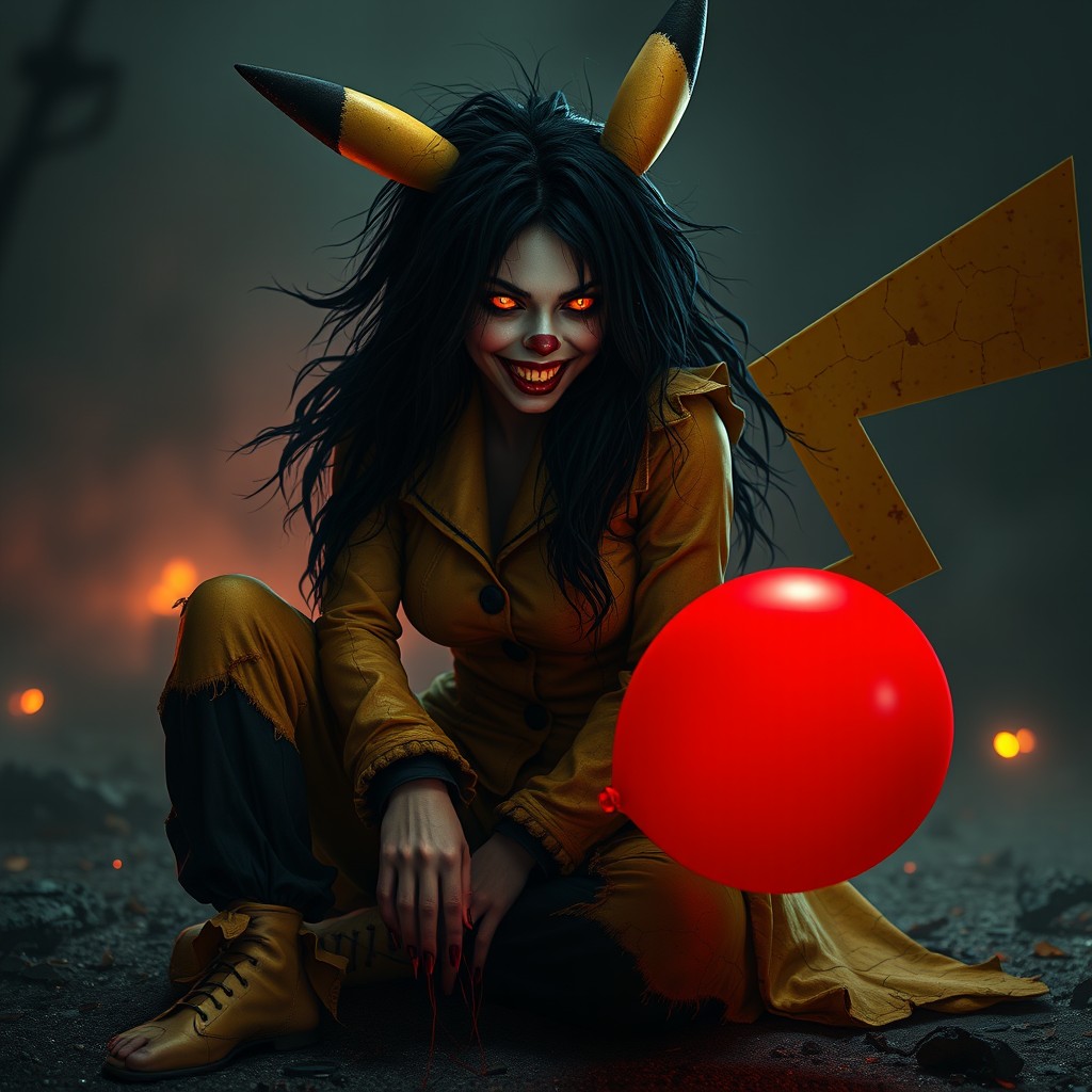 A full body digital art piece of a terrifying woman inspired by Pikachu and IT the Clown