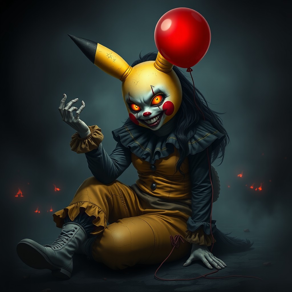 A full-body digital art illustration of a terrifying woman inspired by Pikachu and IT the Clown, sitting on the ground with one knee raised