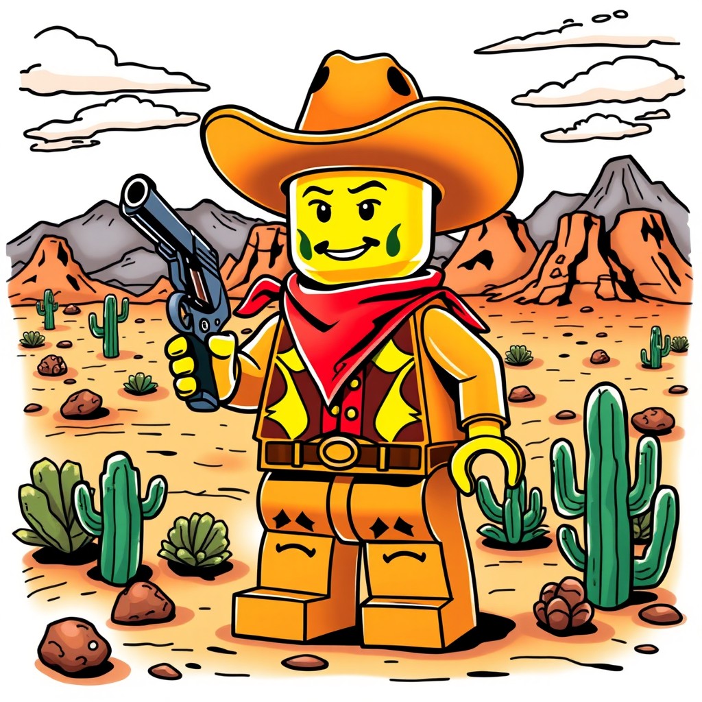 A vibrant and detailed tattoo design featuring a classic Lego cowboy character, styled to resemble illustrations from vintage Western cartoons