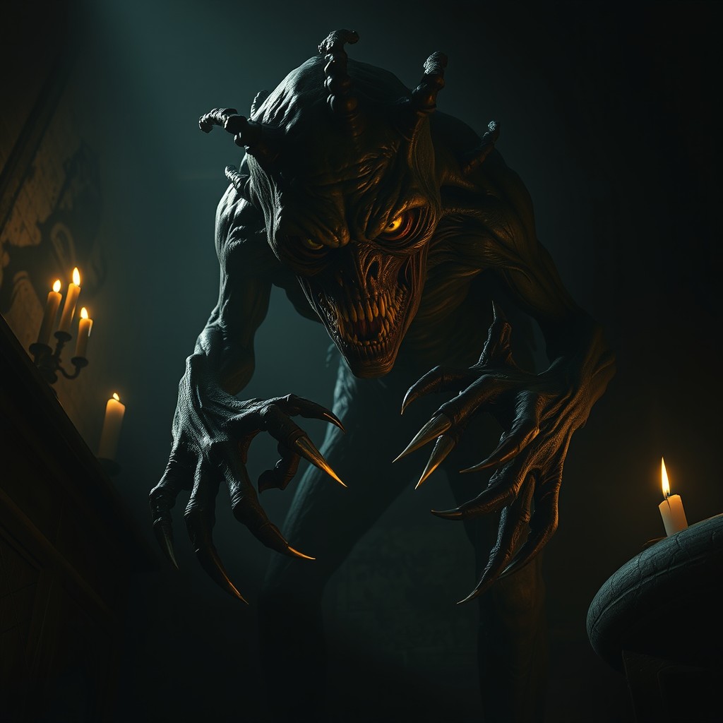 A terrifying creature looming in a dimly lit room, featuring exaggeratedly long and sharp nails that gleam menacingly