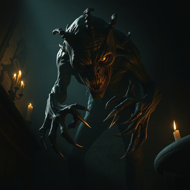 A terrifying creature looming in a dimly lit room, featuring exaggeratedly long and sharp nails that gleam menacingly