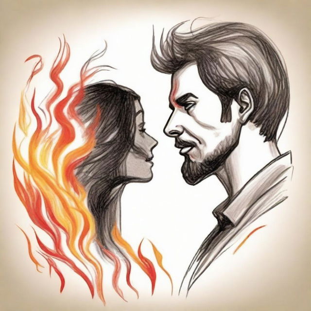 Craft a drawing of a man observing a side-profiled woman in the distance, her hair vividly portrayed as mesmerizing flames.