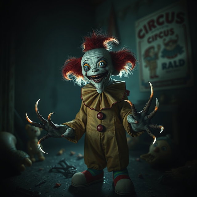 A small, eerie creature resembling a clown, with exaggerated features and very large, sharp nails