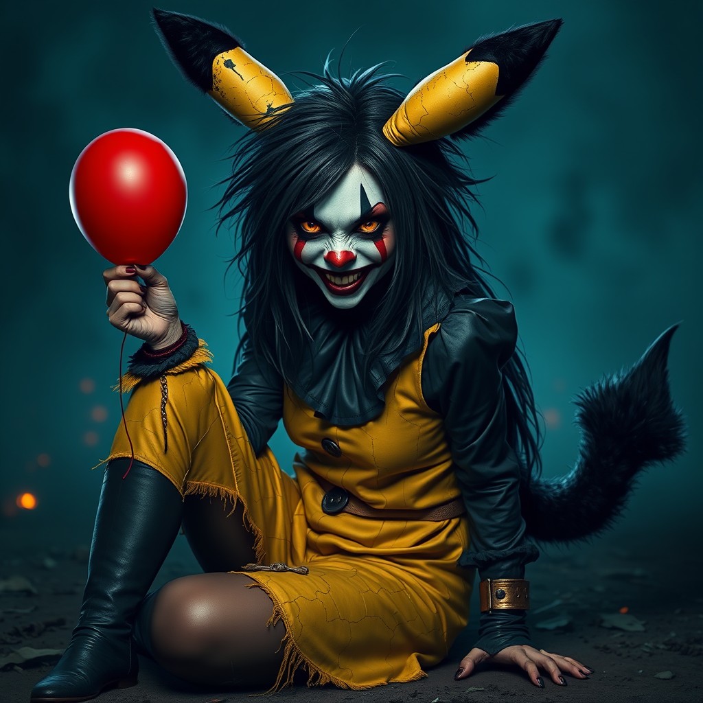 A terrifying woman inspired by Pikachu and IT the Clown, depicted in digital art, sitting on the ground with one knee up