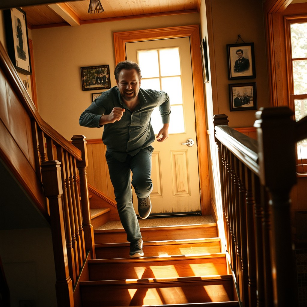 A man in mid-stride, energetically running down a wooden staircase inside a charming house