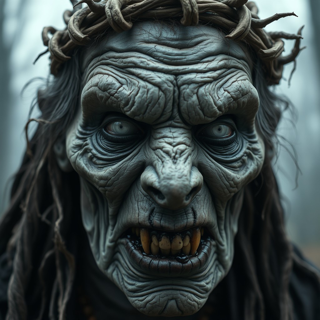 Close-up of an ancient cursed witch’s face with decaying gray wrinkled skin, deep scars and warts