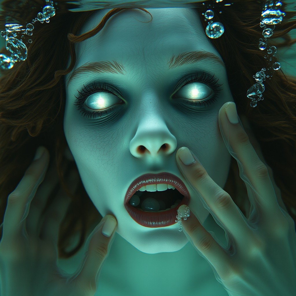 A close-up of a ghostly woman's face underwater, featuring cadaveric bluish skin and blank glowing eyes