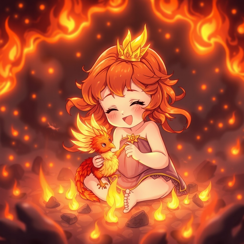A baby fire princess with flowing glowing red-orange curls, adorned with a tiny flame-shaped crown, is seated in a circle of glowing embers